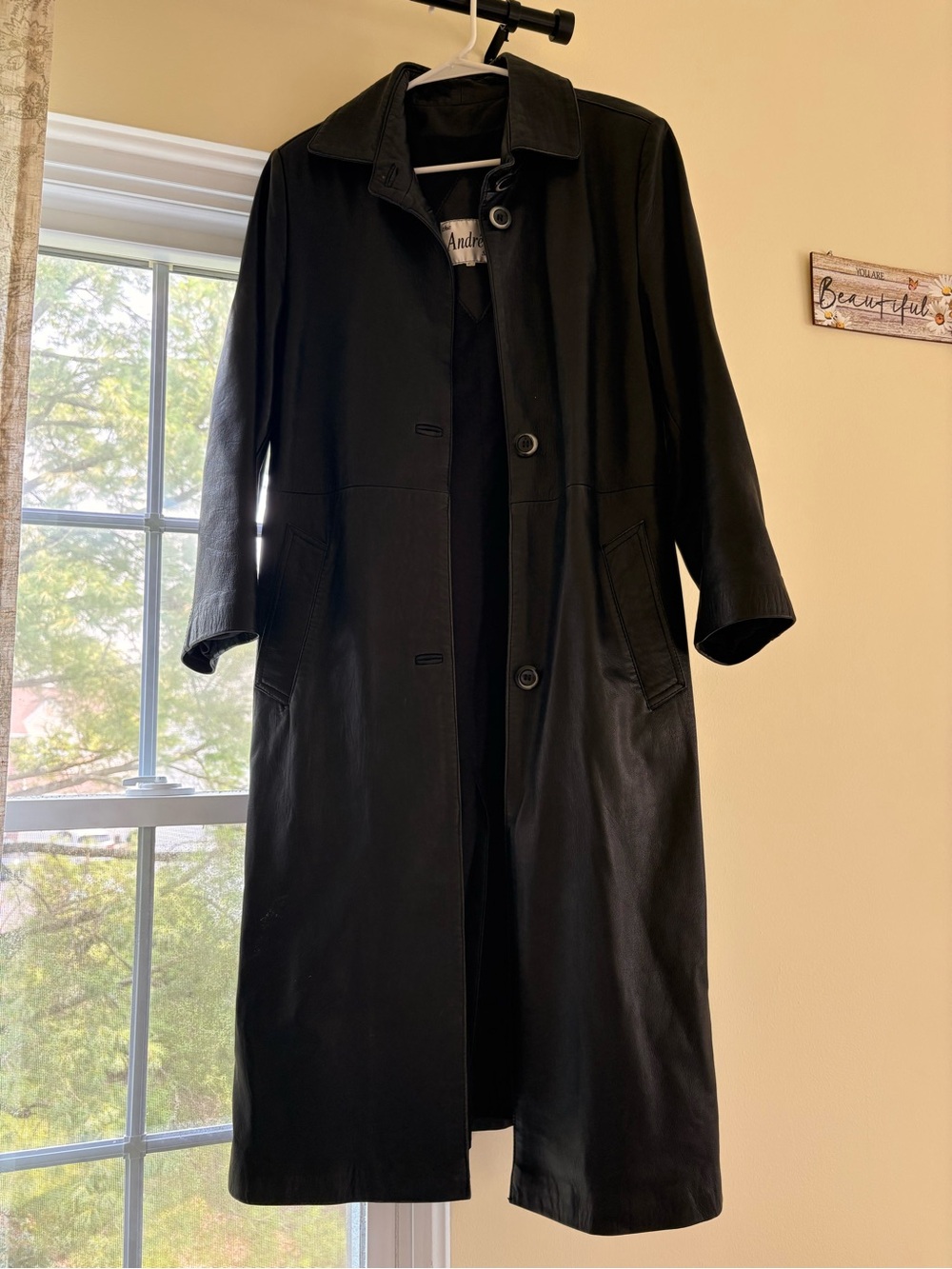 Long Black Leather Trench Coat